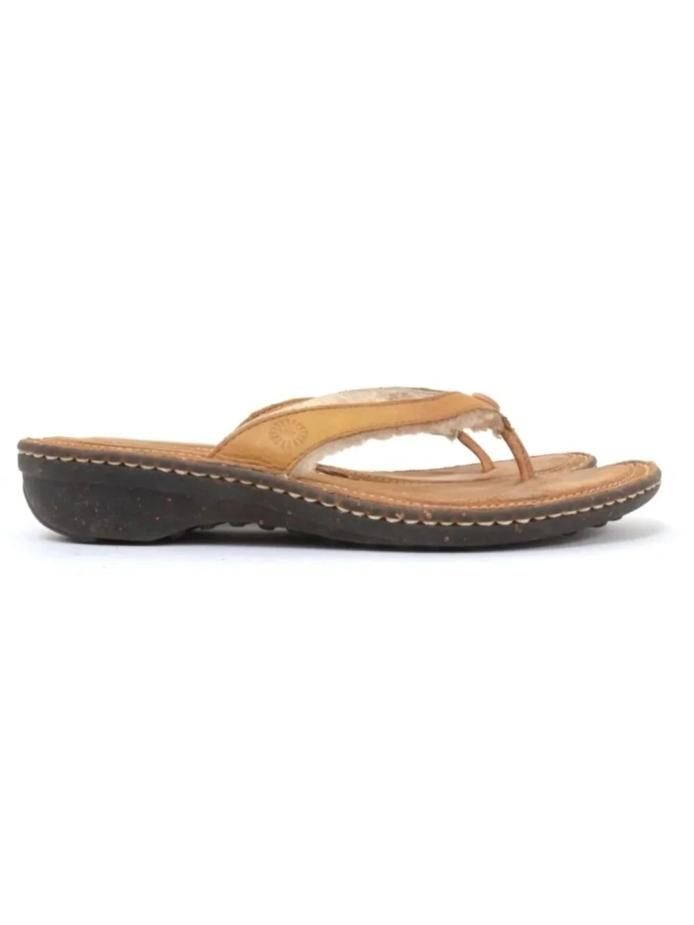 UGG Womens 10 Shearling Fur Leather Flip Flop Thong Slip-On Sandal Wedge